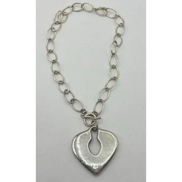 Silver Heart Pendant Necklace With Chain & Toggle Clasp 925